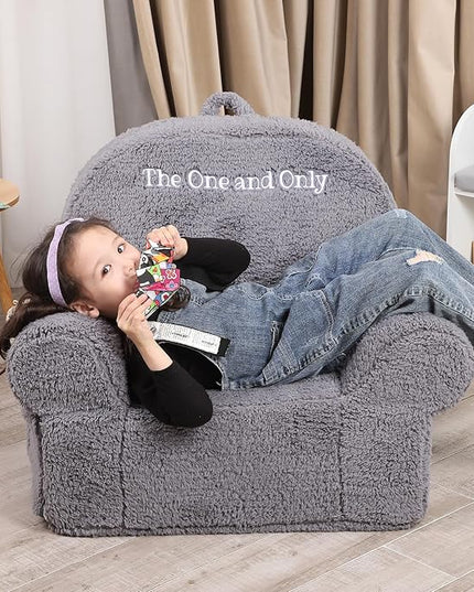 Personalized Kids Chair, High Back Toddler Sherpa Chair, Customize with Name, Grey - LeafyLoom