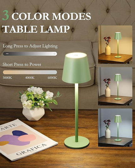 2Pack Cordless Table Lamp, 5200mAh IP54 Waterproof Rechargeable Battery Desk Lamp, 3 Color Stepless Dimming Up，Battery Operated Lamp for Kitchen/Outdoor/Restaurant/Camping (Glass Green) - LeafyLoom
