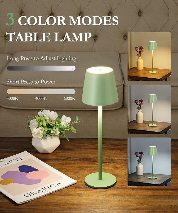 2Pack Cordless Table Lamp, 5200mAh IP54 Waterproof Rechargeable Battery Desk Lamp, 3 Color Stepless Dimming Up，Battery Operated Lamp for Kitchen/Outdoor/Restaurant/Camping (Glass Green) - LeafyLoom