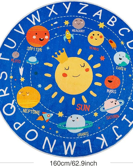 Round ABC Kids Rug,5.2 Ft Soft Circle Alphabet Playroom Rug,Washable Non-Slip Solar System Kids Play Rug,Space Educational Rug Kids Carpet for Classroom Playroom Bedroom Kids Room Decor - LeafyLoom
