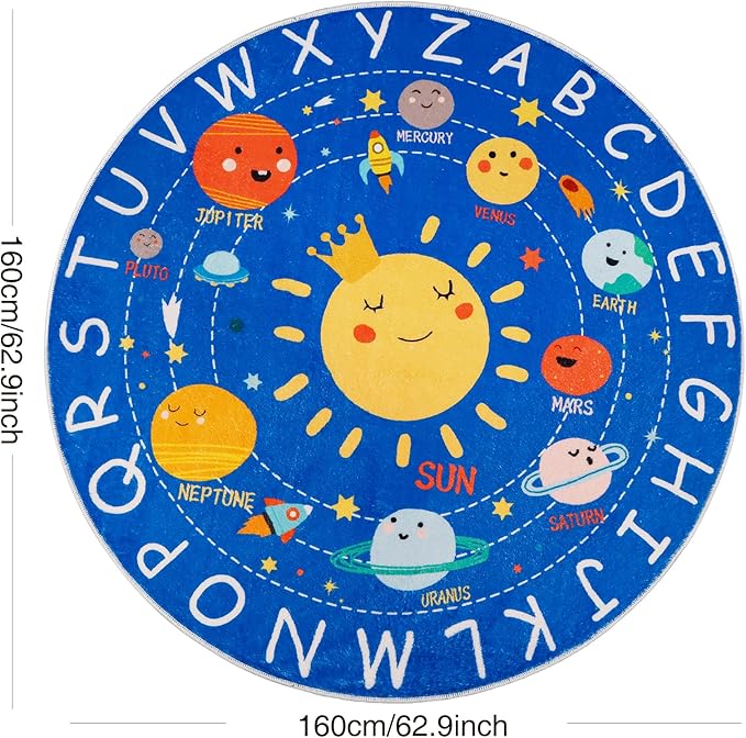 Round ABC Kids Rug,5.2 Ft Soft Circle Alphabet Playroom Rug,Washable Non-Slip Solar System Kids Play Rug,Space Educational Rug Kids Carpet for Classroom Playroom Bedroom Kids Room Decor - LeafyLoom