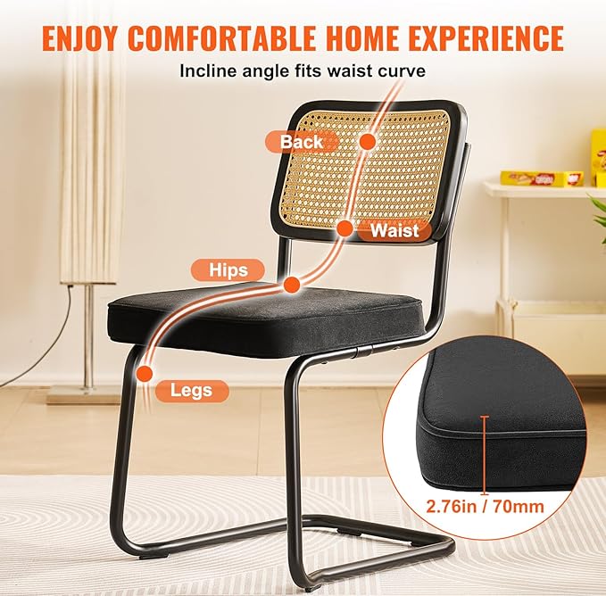 VEVOR Rattan Dining Chairs Set of 4, Mid Century Modern Dining Chair, Upholstered Velvet Accent Chair with Rattan Back, Retro Dining Room Kitchen Chair for Living Room, Bedroom, Office (18.1 Inch) - LeafyLoom