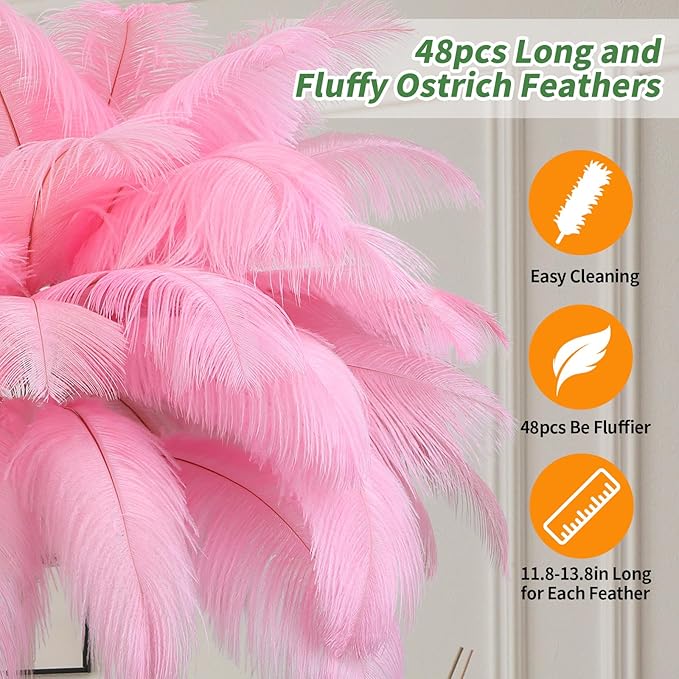 Feather Lamp, Natural Ostrich Feather Floor Lamp for Living Room, 63in Height, 3 Color Temperatures Bright LED Bulbs, Modern Funky Tall Lamp Standing Light for Bedroom (Pink) - LeafyLoom