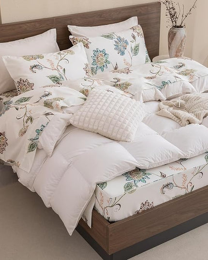 QSH Floral Bed Sheets Queen Size - 100% Egyptian Cotton Sheets Elegant Botanical Leaves Flower Pattern Printed Bedding Sheets Queen Size Bed Extra Soft and Breathable 4pcs Deep Pockets Bed Sheets - LeafyLoom