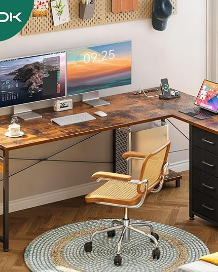 AODK L Shaped Desk with 4 Tier Drawers, 61" Reversible Gaming Desk with Power Outlets, L Shaped Computer Desk with USB Charging Port and Host Stand, Home Office Corner Desk, Easy to Assemble, Vintage - LeafyLoom