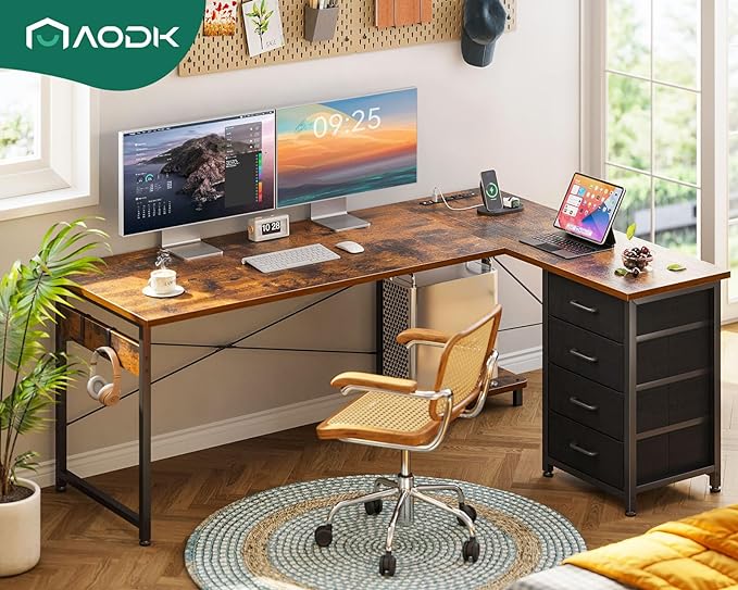 AODK L Shaped Desk with 4 Tier Drawers, 61" Reversible Gaming Desk with Power Outlets, L Shaped Computer Desk with USB Charging Port and Host Stand, Home Office Corner Desk, Easy to Assemble, Vintage - LeafyLoom