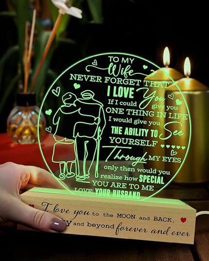 to My Wife 3D Illusion Lamp USB Powered, Wife Gifts from Husband, Gift for Her on Mothers Day Valentines Christmas, Wife Acrylic Night Light, Romantic Anniversary Wedding Gifts for Wife - LeafyLoom