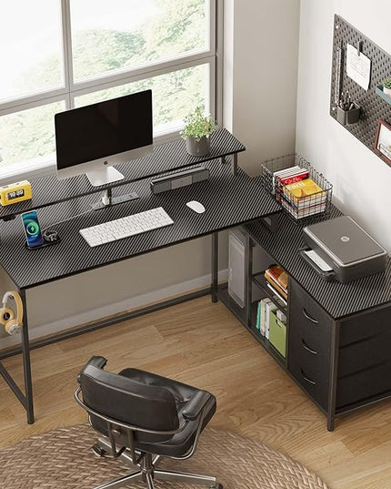 Seventable L Shaped Computer Desk with Drawers, Reversible Gaming Desk with LED Lights & Charging Port, Corner Desk with Storage Shelves & Monitor Stand for Home Office Carbon Fiber Black - LeafyLoom