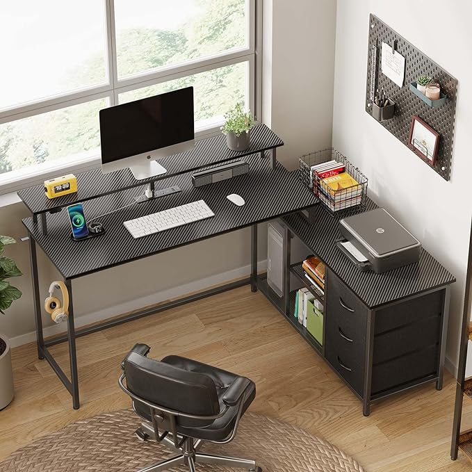 Seventable L Shaped Computer Desk with Drawers, Reversible Gaming Desk with LED Lights & Charging Port, Corner Desk with Storage Shelves & Monitor Stand for Home Office Carbon Fiber Black - LeafyLoom