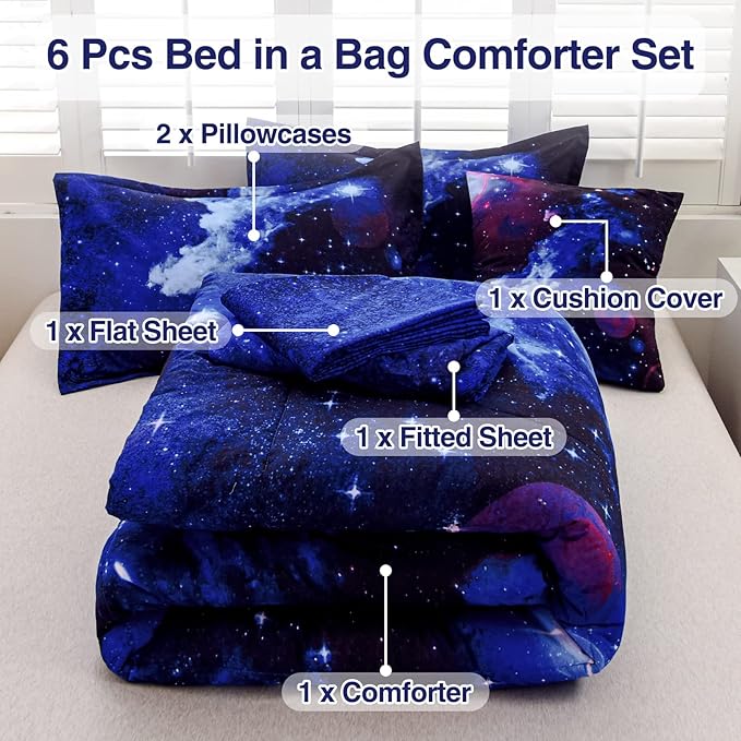 A Nice Night Galaxy 6Pcs Bedding Sets Outer Space Comforter Bed in a Bag 3D Printed Quilt,for Children Boy Girl Teen Kids,Full 6Pcs - LeafyLoom