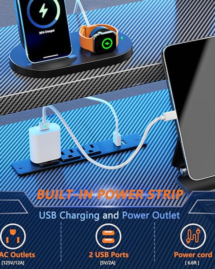 L Shaped Gaming Desk with LED Lights & Power Outlet, 39 Inch Computer Desk with Extra Storage Shelves, Reversible Gamer Workstations with Monitor Stand for Bedroom, Carbon Fiber Black - LeafyLoom