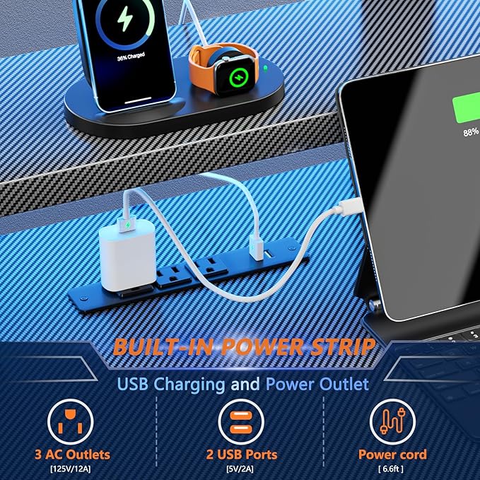 L Shaped Gaming Desk with LED Lights & Power Outlet, 39 Inch Computer Desk with Extra Storage Shelves, Reversible Gamer Workstations with Monitor Stand for Bedroom, Carbon Fiber Black - LeafyLoom