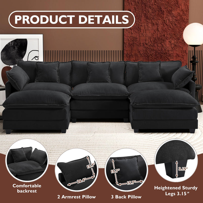 Ihanherry 111.4" L Shaped Modern Sofa Modular Sectional Cloud Couch with Ottoman, 4-Seat Chenille Deep Seat Sofa with Pillow for Living Room, Bedroom and Apartment, Beige LeafyLoom