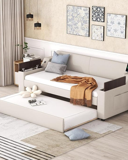 Twin Size Upholstery Daybed with Storage Arms, Trundle and USB Design, Sofa Bed Day Bed for Bedroom Living Room Guestroom, No Box Spring Needed, Beige - LeafyLoom