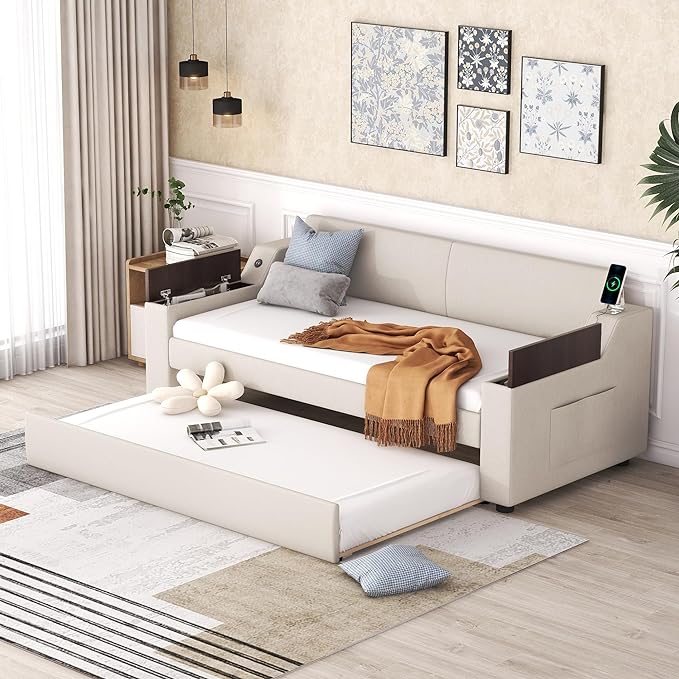 Twin Size Upholstery Daybed with Storage Arms, Trundle and USB Design, Sofa Bed Day Bed for Bedroom Living Room Guestroom, No Box Spring Needed, Beige - LeafyLoom