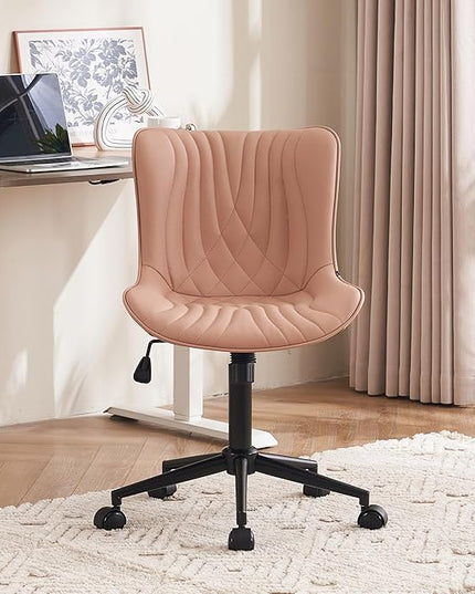 YOUTASTE Office Chair Pink Armless Desk Chair with Wheels, Modern Faux Leather Padded Computer Task Chair, Adjustable Swivel Rolling Sewing Vanity Chair with Ergonomic Rocking Back, Nude Pink - LeafyLoom