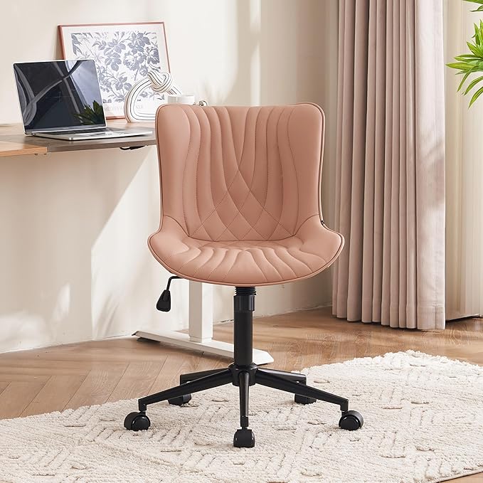 YOUTASTE Office Chair Pink Armless Desk Chair with Wheels, Modern Faux Leather Padded Computer Task Chair, Adjustable Swivel Rolling Sewing Vanity Chair with Ergonomic Rocking Back, Nude Pink - LeafyLoom