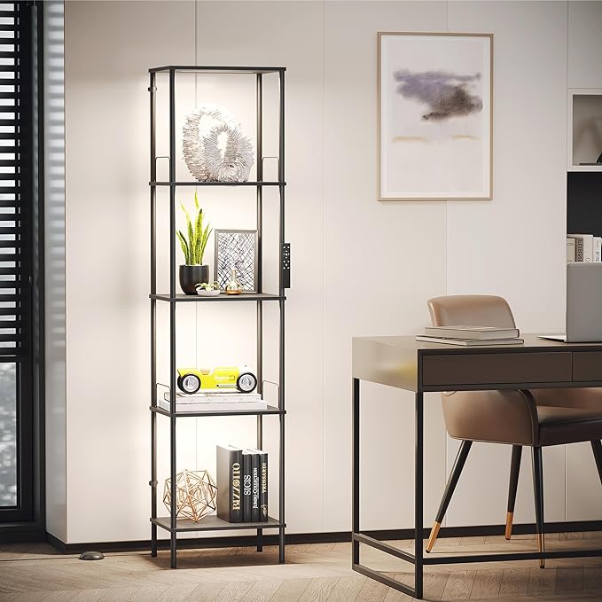 SUNMORY Display Shelf with Dimmable Lights, Lighted Display Cases for Collectibles, Adjustable Color Temperature and Brightness, Display Cabinet, Floor Lamp with Shelves, Home Decor, Black - LeafyLoom
