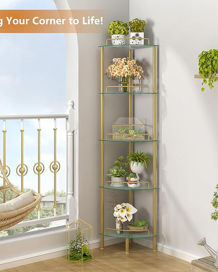 5-Tier Corner Shelf Stand, Gold Corner Bookshelf, Bathroom Organizer, Plant Stand, Tempered Glass Shelves, Modern Style for Living Room, Bedroom, Kitchen, Home Office, Metallic Gold - LeafyLoom