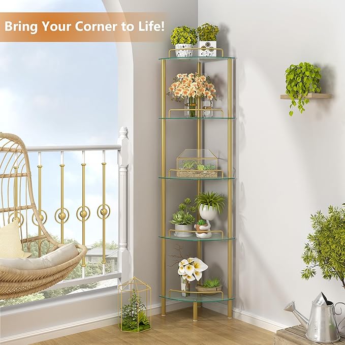 5-Tier Corner Shelf Stand, Gold Corner Bookshelf, Bathroom Organizer, Plant Stand, Tempered Glass Shelves, Modern Style for Living Room, Bedroom, Kitchen, Home Office, Metallic Gold - LeafyLoom