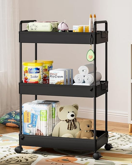 Ronlap 3 Tier Classic Storage Rolling Cart, Slim Storage Cart with Wheels Slide Out Storage Rolling Cart Organizer Plastic Utility Carts for Bathroom Laundry Room Kitchen Office Narrow Place, Black - LeafyLoom