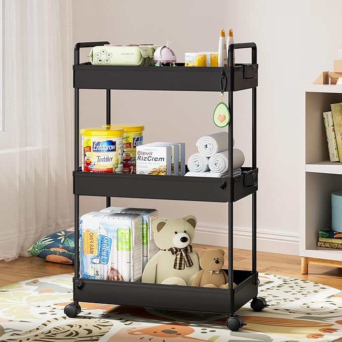 Ronlap 3 Tier Classic Storage Rolling Cart, Slim Storage Cart with Wheels Slide Out Storage Rolling Cart Organizer Plastic Utility Carts for Bathroom Laundry Room Kitchen Office Narrow Place, Black - LeafyLoom