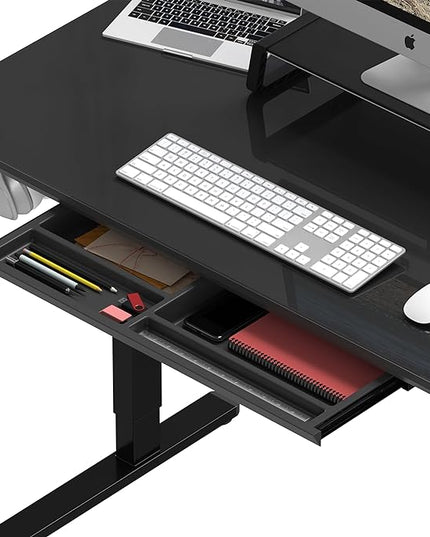SHW 48-Inch Whole-Piece Glass Electric Height Adjustable Desk with Monitor Riser and Drawer, Black - LeafyLoom