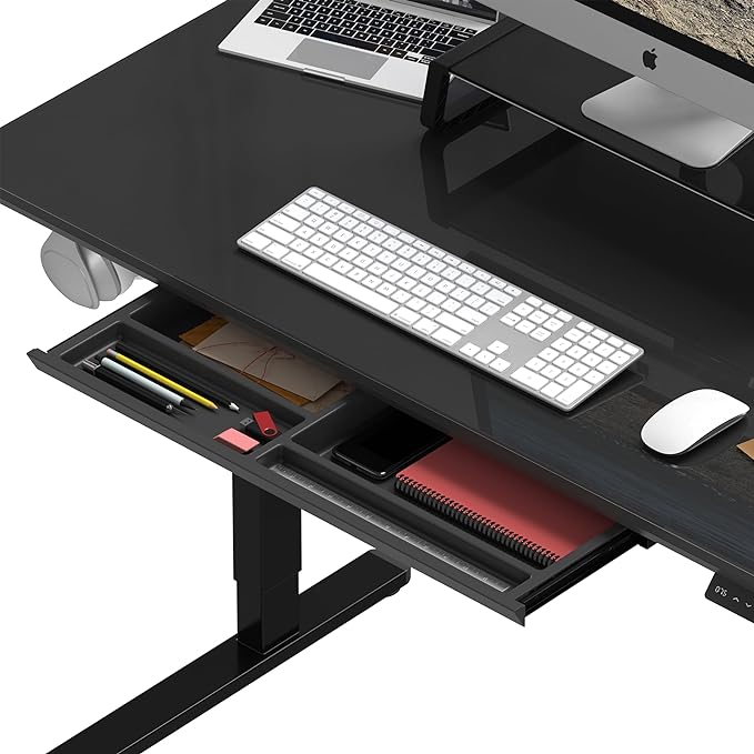 SHW 48-Inch Whole-Piece Glass Electric Height Adjustable Desk with Monitor Riser and Drawer, Black - LeafyLoom