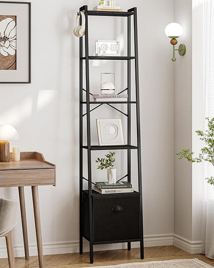 Narrow Bookshelf Bookcase with Drawer, Ladder Shelf with 2 Hooks, Bookshelves Storage Organizer, Freestanding Display Standing for Home Office, Bedroom, 6 Tier Black BC19604B - LeafyLoom
