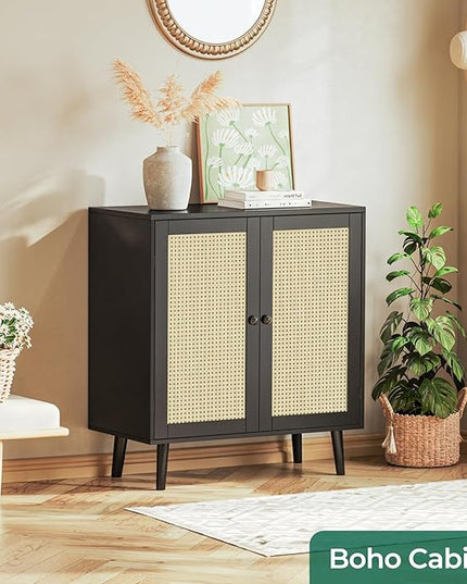 Buffet Cabinet with Storage, Storage Cabinet with Synthetic Rattan Decor Doors, Accent Cabinet with Solid Wood Feet, Sideboard Cabinet for Hallway, Entry, Living Room, Black - LeafyLoom