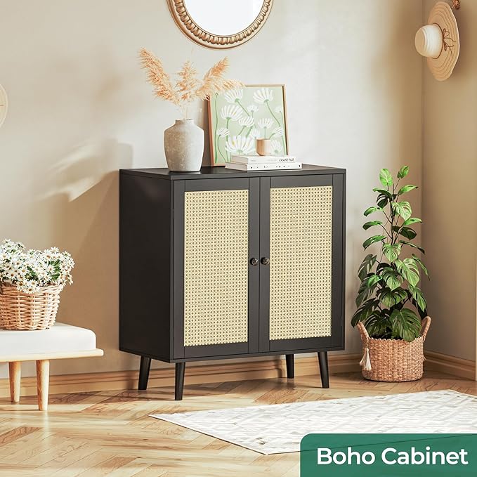 Buffet Cabinet with Storage, Storage Cabinet with Synthetic Rattan Decor Doors, Accent Cabinet with Solid Wood Feet, Sideboard Cabinet for Hallway, Entry, Living Room, Black - LeafyLoom