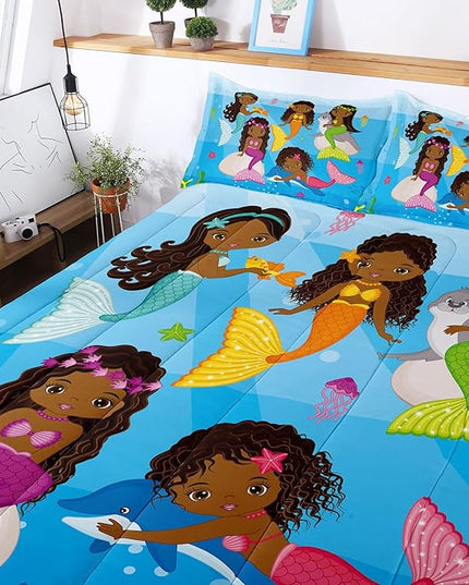 Little Mermaid Bedding, Black Girl Comforter Set Twin Size, Black Mermaid Bedroom Decor for Girls, Princess Twin Bed Set for Kids Teens with 1 Comforter and 2 Pillow Cases - LeafyLoom