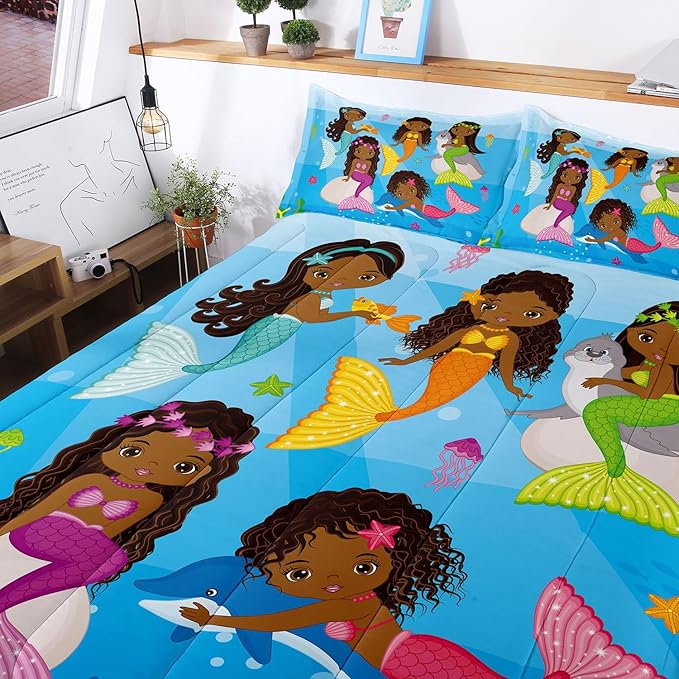 Little Mermaid Bedding, Black Girl Comforter Set Twin Size, Black Mermaid Bedroom Decor for Girls, Princess Twin Bed Set for Kids Teens with 1 Comforter and 2 Pillow Cases - LeafyLoom