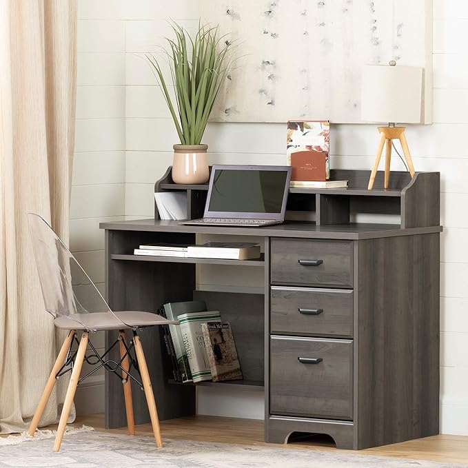 South Shore Versa Computer Desk with Hutch, Gray Maple - LeafyLoom