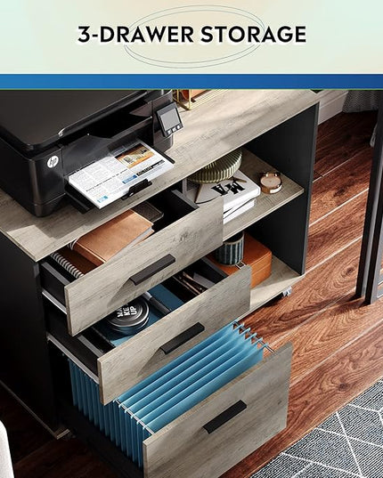 DEVAISE 3-Drawer Wood File Cabinet, Mobile Lateral Filing Cabinet, Printer Stand with Open Storage Shelves for Home Office, Greige - LeafyLoom