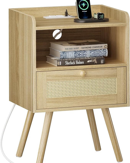 SUPERJARE Nightstand with Charging Station & Rattan-Like Decor Drawer, Rattan End Table with Solid Wood Feet, Bed Side Table with Open Storage, for Bedroom, Living Room, Dormitory - Natural - LeafyLoom