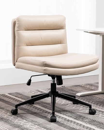 Armless Office Chair with Wheels Wide Desk Chair Leather Mid Back Accent Chair Padded Swivel Vanity Chair for Girl Women Computer Task Chair for Home Office (Suede Fabric, Beige) - LeafyLoom