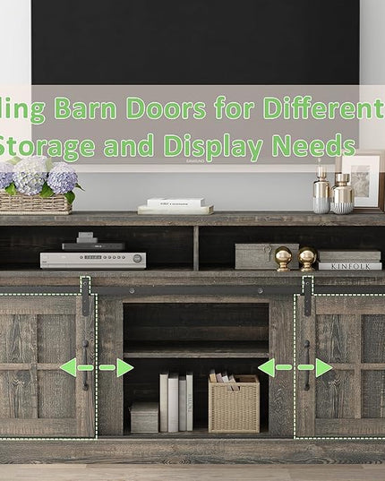 TV Stand with 2 Sliding Barn Doors, 58 Inch TV Stand with Storage Cabinet and Shelves, Television Stands with Storage for Living Room, Bedroom, Antique Brown - LeafyLoom