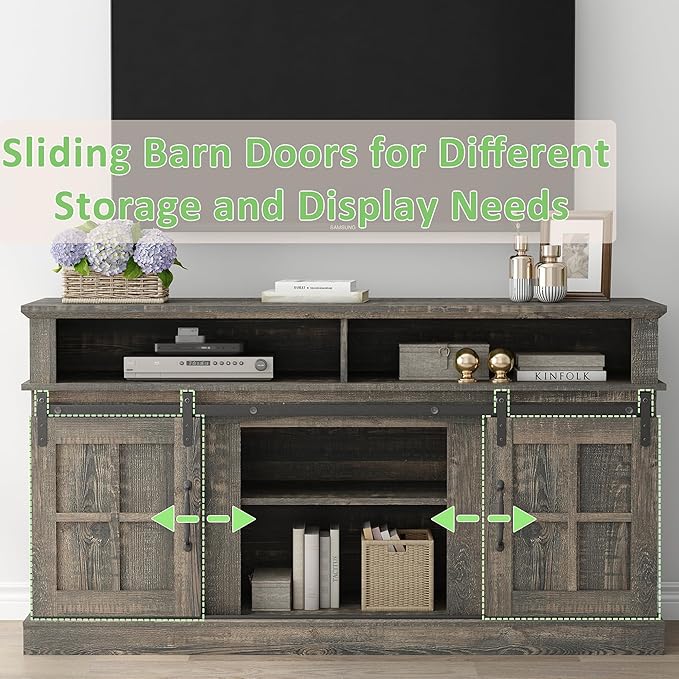 TV Stand with 2 Sliding Barn Doors, 58 Inch TV Stand with Storage Cabinet and Shelves, Television Stands with Storage for Living Room, Bedroom, Antique Brown - LeafyLoom