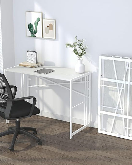 Folding Desk 40 inch Writing Gaming Computer Camping Table, No Assembly Required Home Office Desk, White - LeafyLoom
