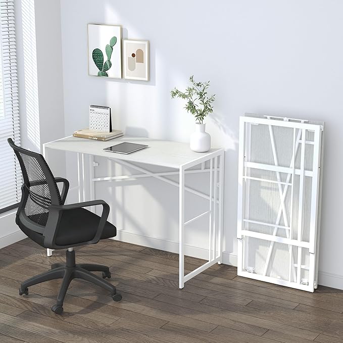 Folding Desk 40 inch Writing Gaming Computer Camping Table, No Assembly Required Home Office Desk, White - LeafyLoom