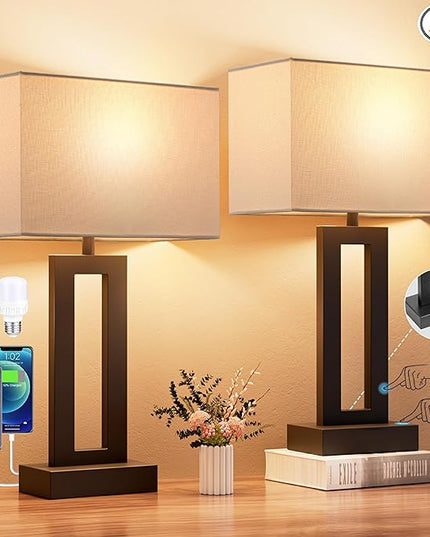 Nightstand Table Lamps for Bedrooms Set of 2 - Touch Bedside Lamp with USB C+A, 3 Way Dimmable Living Room Lamps for End Tables Set of 2, Modern Night Stand Lamps for Bed Side Guest Room(White) - LeafyLoom