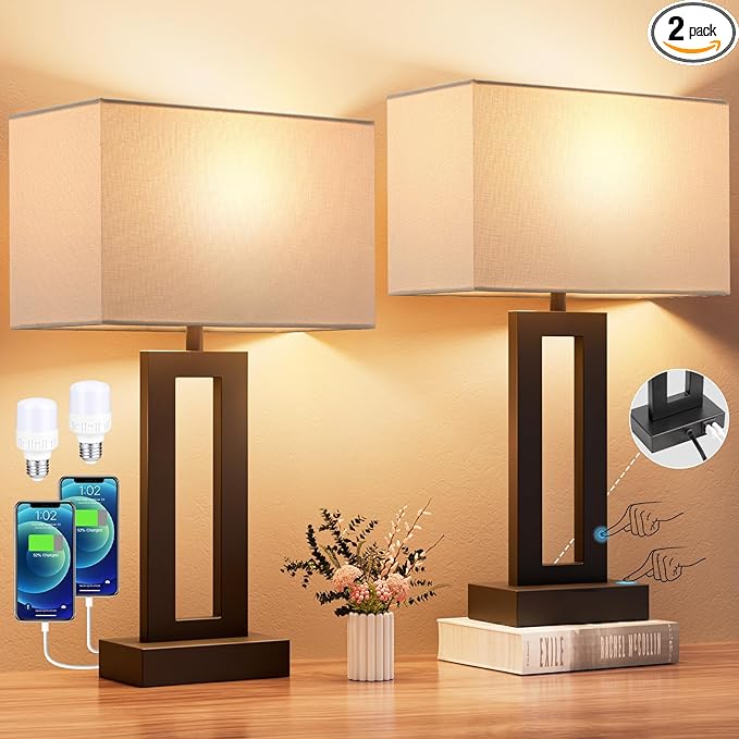 Nightstand Table Lamps for Bedrooms Set of 2 - Touch Bedside Lamp with USB C+A, 3 Way Dimmable Living Room Lamps for End Tables Set of 2, Modern Night Stand Lamps for Bed Side Guest Room(White) - LeafyLoom