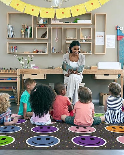 Flagship Carpets Smiley Seating (Seats 24) Classroom Area Rug or Educational Learning Mat, Kids Room or Playroom Carpet, 7'6" x 12', Gray/Multi - LeafyLoom