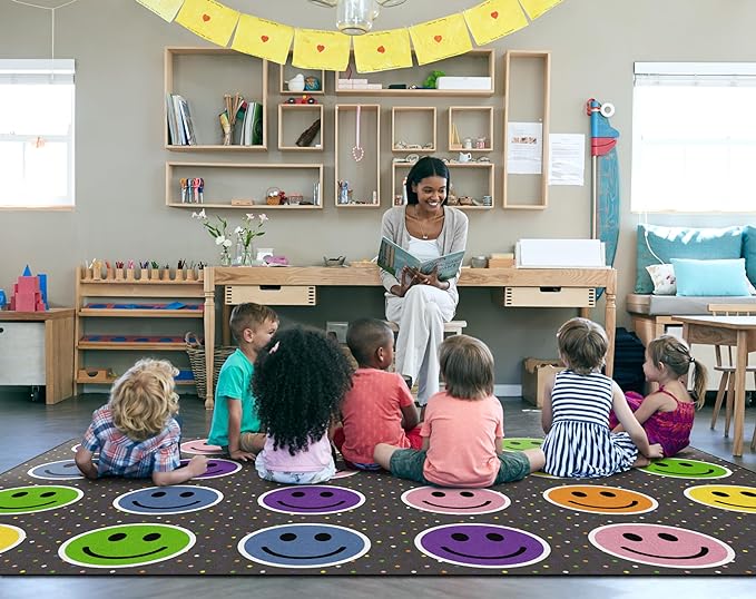 Flagship Carpets Smiley Seating (Seats 24) Classroom Area Rug or Educational Learning Mat, Kids Room or Playroom Carpet, 7'6" x 12', Gray/Multi - LeafyLoom
