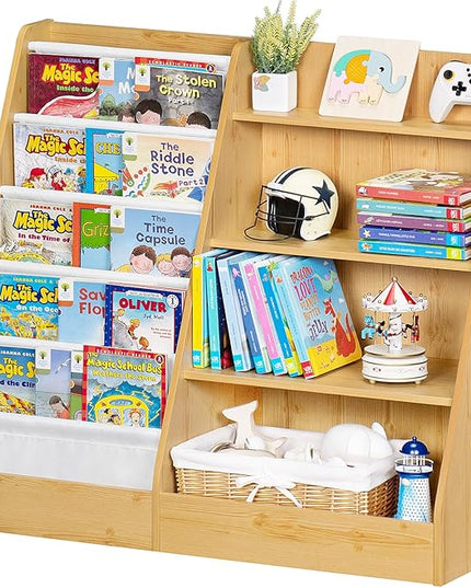 Lerliuo 4 Tier Kids Bookshelf and Storage Organizer, Five Layer Sling Children Bookcase, Baby Toddler Wooden Book Shelf, Display Cabinet for Playroom, Bedroom, Classroom, Nursery, School (Natural) - LeafyLoom