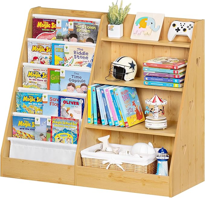 Lerliuo 4 Tier Kids Bookshelf and Storage Organizer, Five Layer Sling Children Bookcase, Baby Toddler Wooden Book Shelf, Display Cabinet for Playroom, Bedroom, Classroom, Nursery, School (Natural) - LeafyLoom