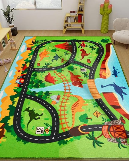 Kids Carpet Playmat Rug,78.7"x59" Dinosaur Car Rugs for Kids Toy Cars,Non Slip Dino Safari Road Map Kids Rug for Playroom Bedroom Boys,Kids Play Mat Road Rug,Track Rug Car Play Carpet for Kids - LeafyLoom