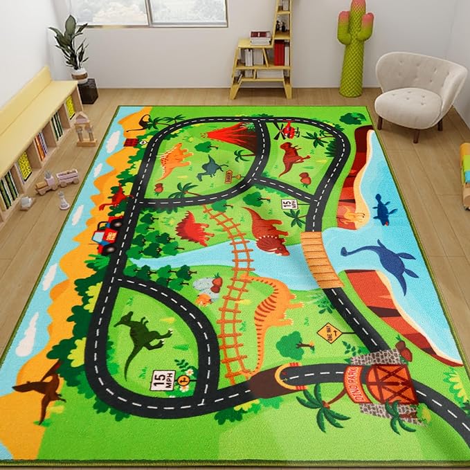 Kids Carpet Playmat Rug,78.7"x59" Dinosaur Car Rugs for Kids Toy Cars,Non Slip Dino Safari Road Map Kids Rug for Playroom Bedroom Boys,Kids Play Mat Road Rug,Track Rug Car Play Carpet for Kids - LeafyLoom