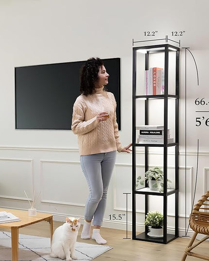 FENLO Fantasy Pro - 66" Glass Dimmable LED Floor Lamp with Shelves for Bedroom, Tempered Glass Display Shelf Lamp for Living Room, Open Display Stand for Business, Long Lasting LED, Unique Home Decor - LeafyLoom
